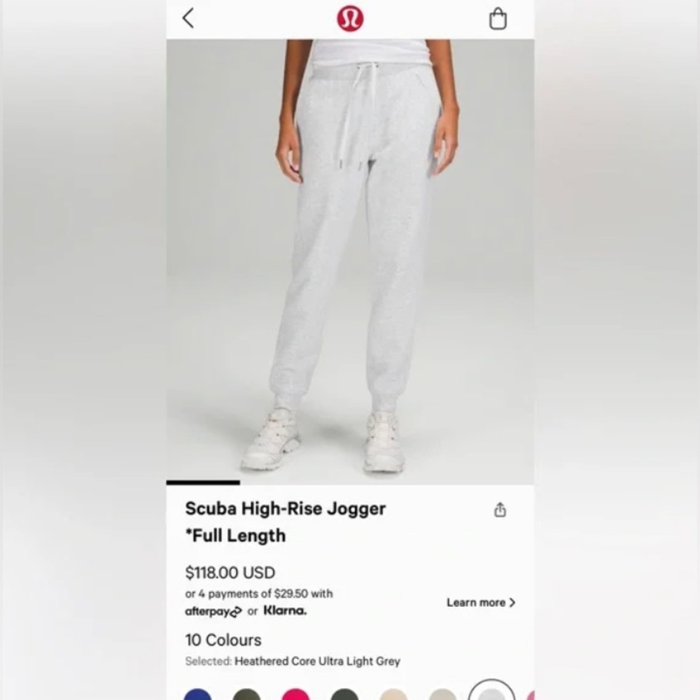 Lululemon Scuba High Rise Jogger, Ultra Light Grey, Size 4